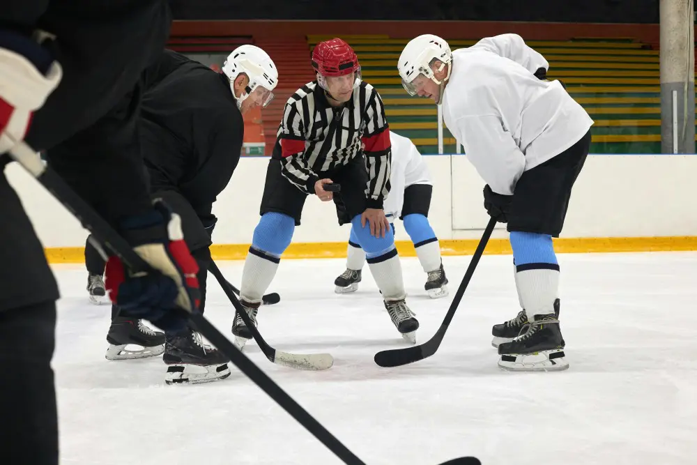 A group of men playing hockey on the ice.